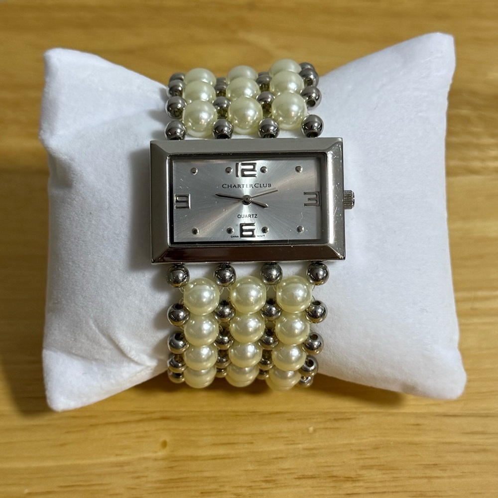 Charter Club Women’s Silver and Pearl Watch
